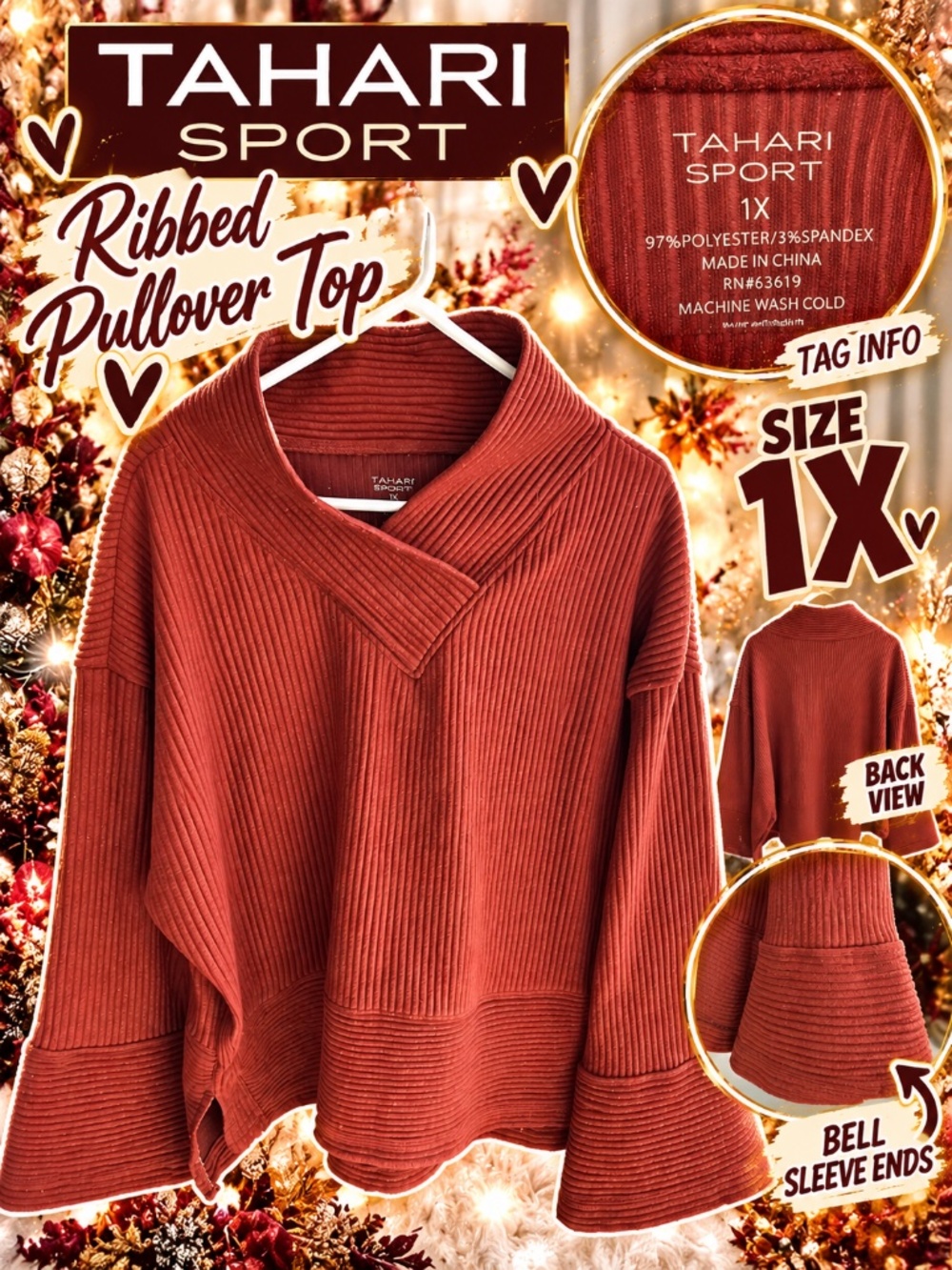🍁 Tahari Sport Rust Ribbed Pullover Top 1X | Bell Sleeves | Like New ✨